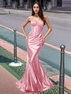Plissiertes, langes Meerjungfrauen-Abendkleid mit V-Ausschnitt und Oberteil