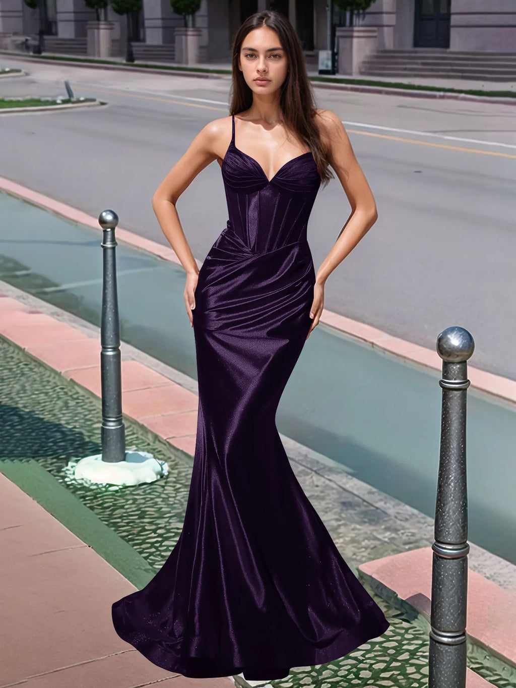 Plissiertes, langes Meerjungfrauen-Abendkleid mit V-Ausschnitt und Oberteil