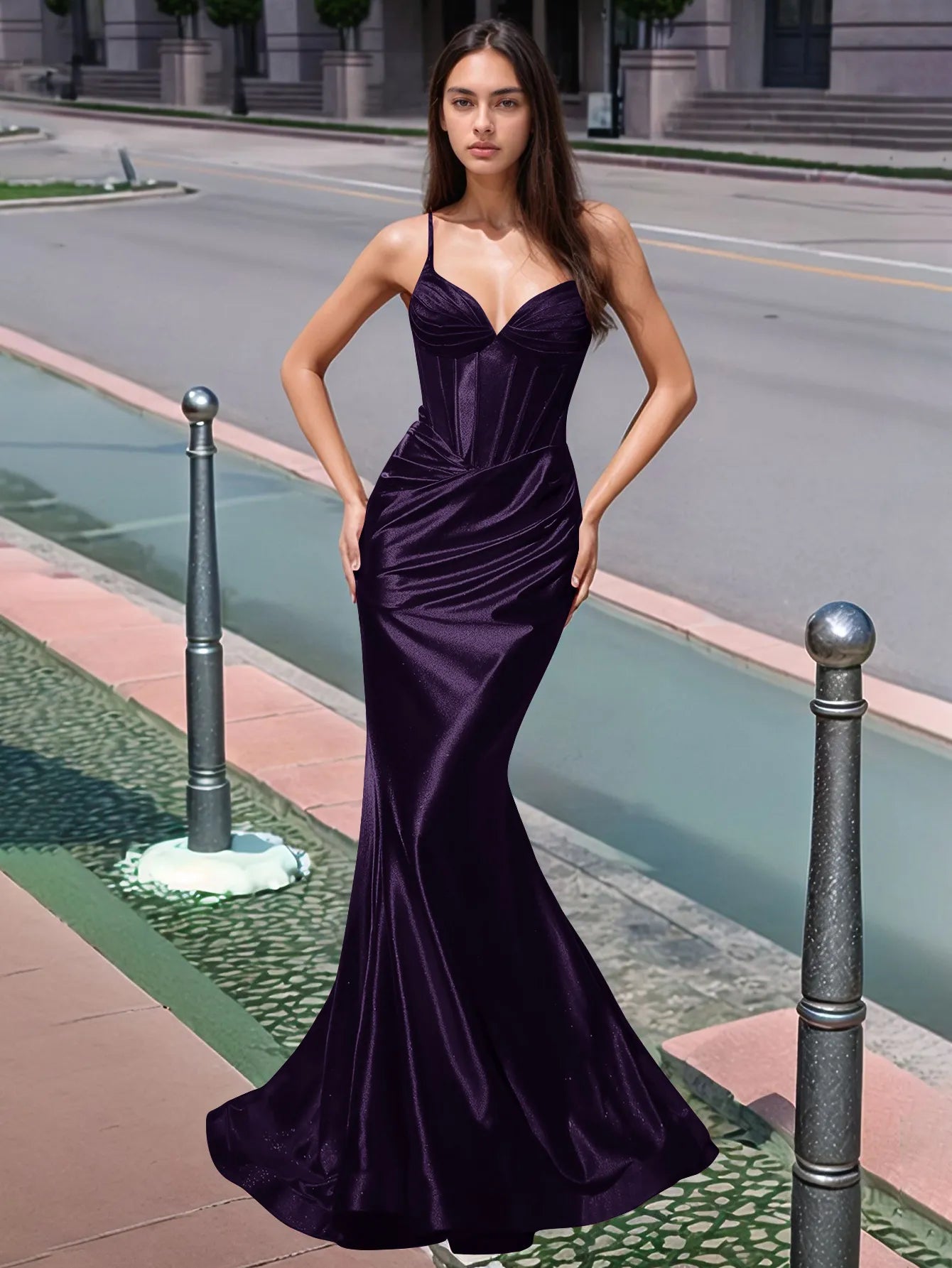 Vestido de fiesta largo de sirena con escote en V plisado y fruncido