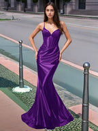 Plissiertes, langes Meerjungfrauen-Abendkleid mit V-Ausschnitt und Oberteil