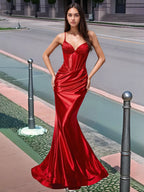 Plissiertes, langes Meerjungfrauen-Abendkleid mit V-Ausschnitt und Oberteil