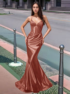 Plissiertes, langes Meerjungfrauen-Abendkleid mit V-Ausschnitt und Oberteil