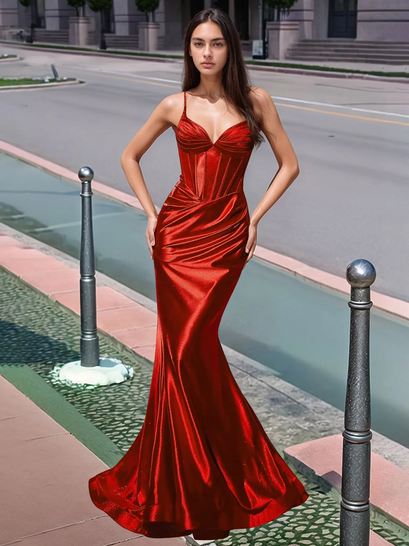 Vestido de fiesta largo de sirena con escote en V plisado y fruncido