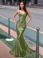 Plissiertes, langes Meerjungfrauen-Abendkleid mit V-Ausschnitt und Oberteil
