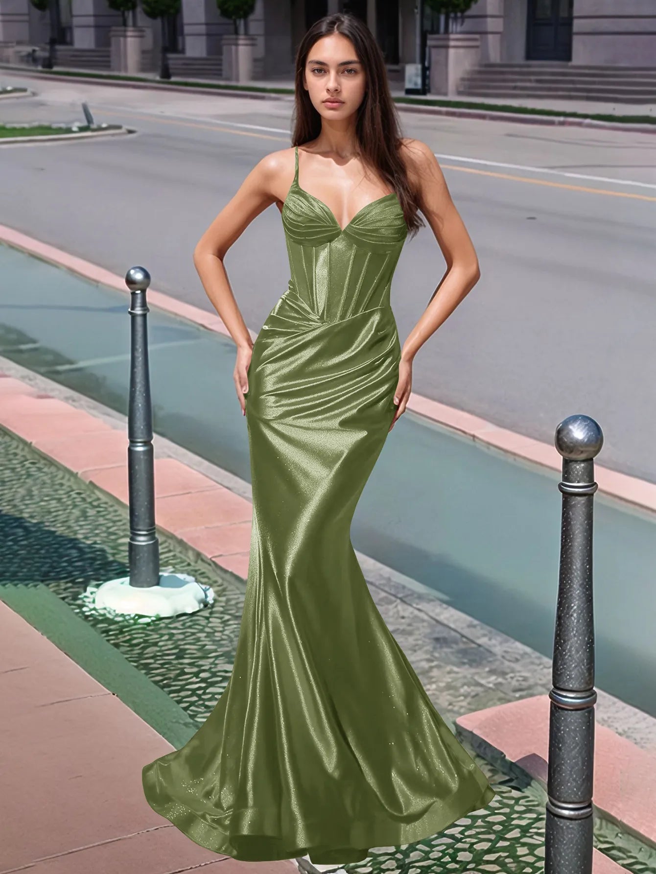 Vestido de fiesta largo de sirena con escote en V plisado y fruncido