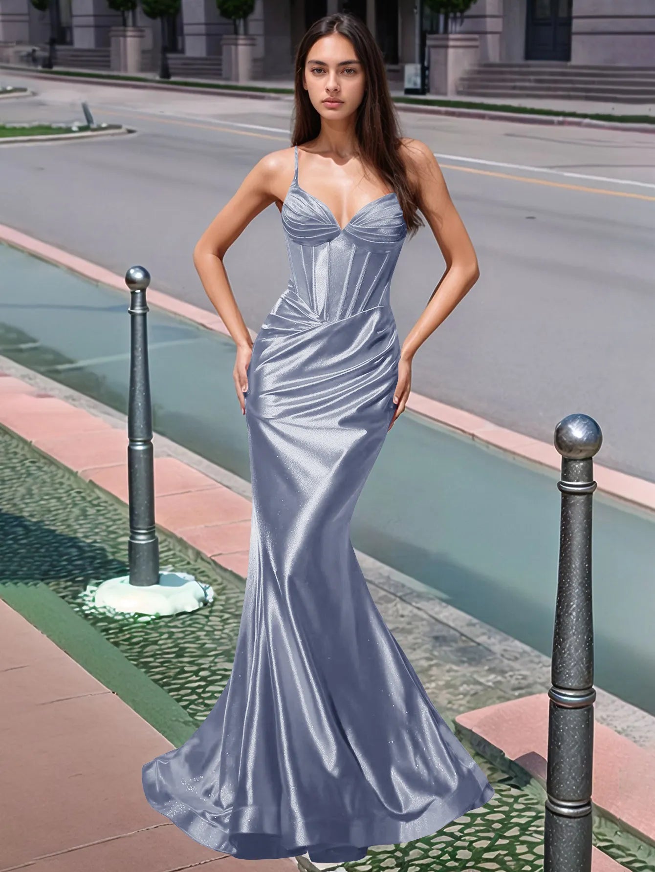 Vestido de fiesta largo de sirena con escote en V plisado y fruncido