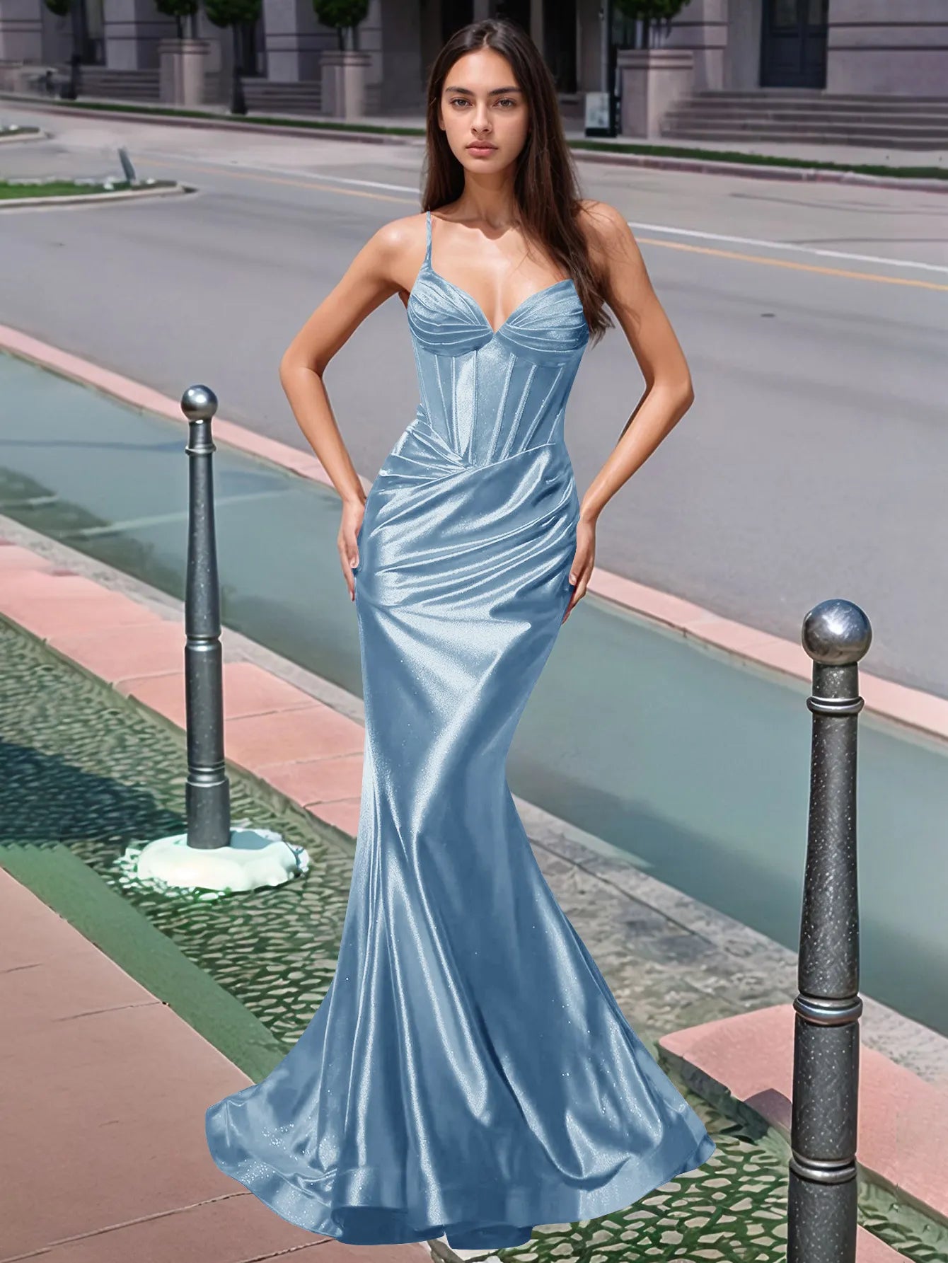 Vestido de fiesta largo de sirena con escote en V plisado y fruncido