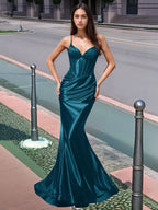 Plissiertes, langes Meerjungfrauen-Abendkleid mit V-Ausschnitt und Oberteil