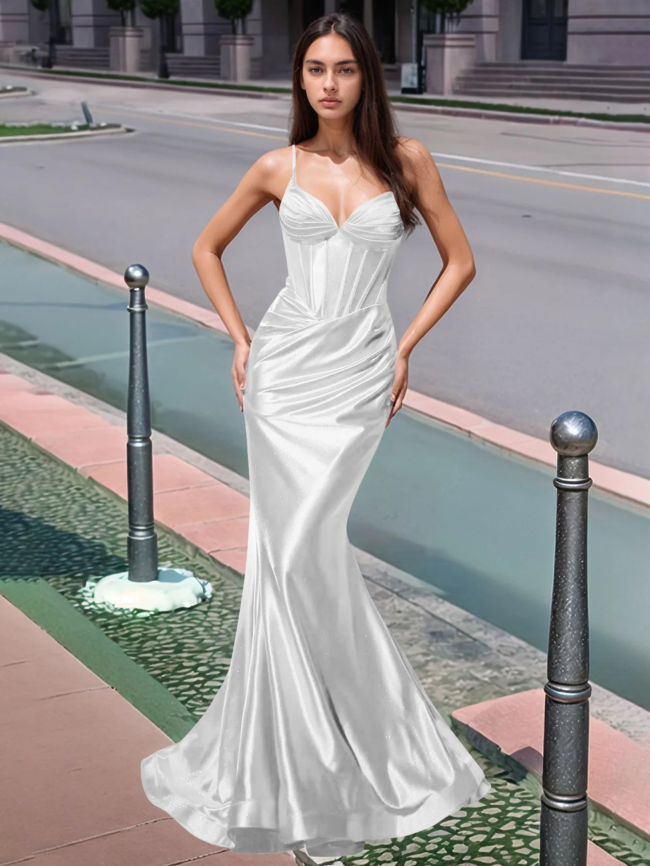 Vestido de fiesta largo de sirena con escote en V plisado y fruncido