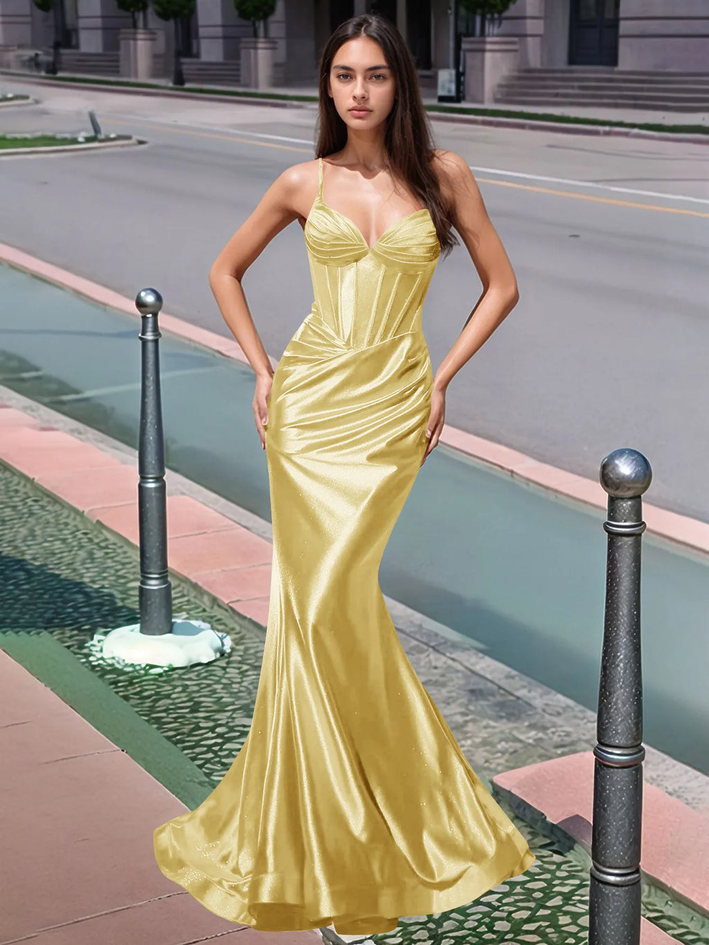 Plissiertes, langes Meerjungfrauen-Abendkleid mit V-Ausschnitt und Oberteil