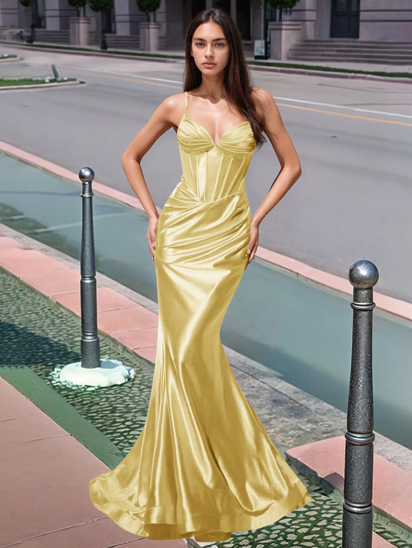 Vestido de fiesta largo de sirena con escote en V plisado y fruncido