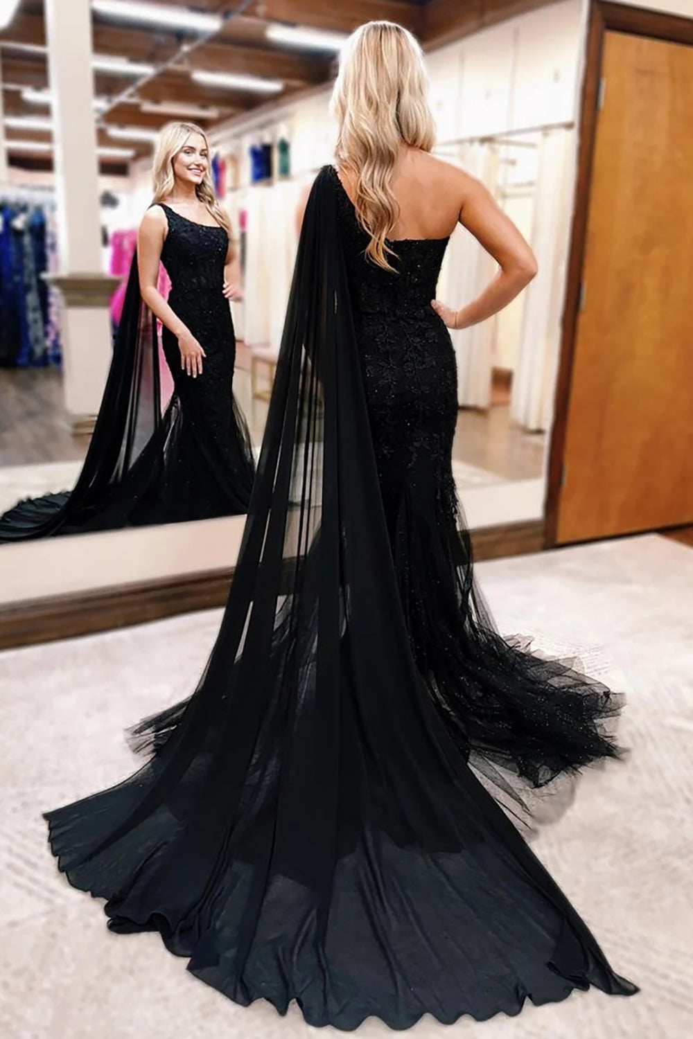 One Shoulder Cape Tulle Long Corset Prom Dress with Appliques
