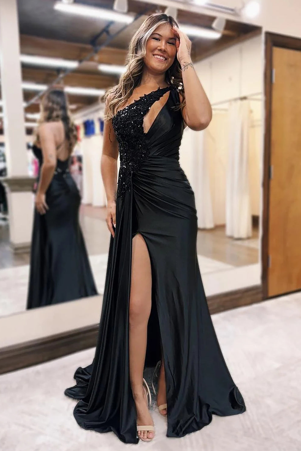 One Shoulder Mermaid Satin Long Prom Dress with Sequins