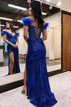 Off the Shoulder Sequins Mermaid Long Corset Prom Dress with Feather