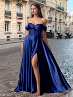 Off Shoulder Crystal Split Long Prom Dress With Pocket