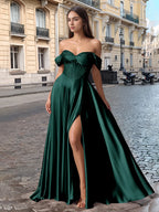 Off Shoulder Crystal Split Long Prom Dress With Pocket