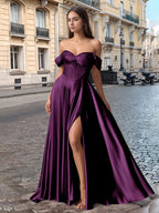 Off Shoulder Crystal Split Long Prom Dress With Pocket