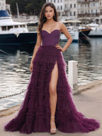 Bodice Spaghetti Strap Tulle Ruffle Prom Dress With Slit