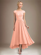 A-Linien-Kleid aus Chiffon mit asymmetrischem, plissiertem Spitzeneinsatz und Illusion-Ausschnitt für die Mutter der Braut 