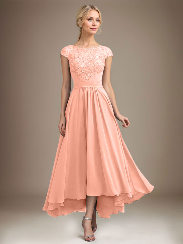 A-Linien-Kleid aus Chiffon mit asymmetrischem, plissiertem Spitzeneinsatz und Illusion-Ausschnitt für die Mutter der Braut 