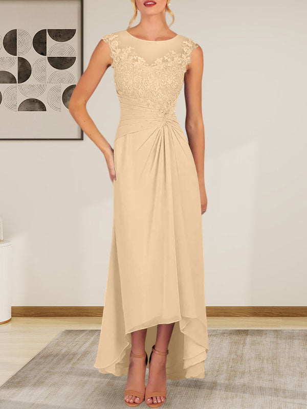 Champagnerfarbenes A-Linien-Chiffonkleid mit Rundhalsausschnitt und Spitze