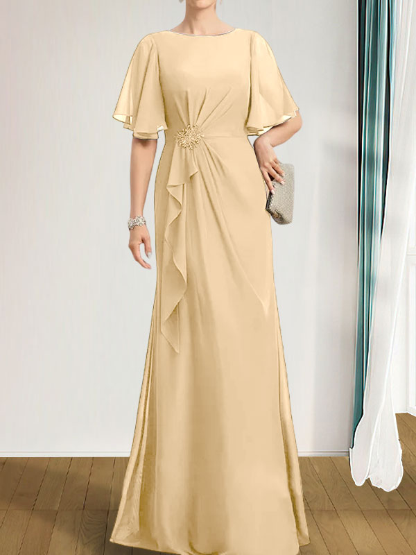 A-Linien-Kleid aus Chiffon in Bodenlänge für die Mutter der Braut mit kaskadenartigen Rüschen, Perlen und Pailletten