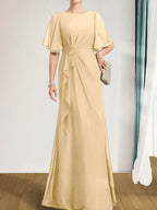 A-Linien-Kleid aus Chiffon in Bodenlänge für die Mutter der Braut mit kaskadenartigen Rüschen, Perlen und Pailletten