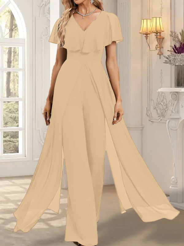 Jumpsuit/Hosenanzug, bodenlanges Chiffon-Abendkleid mit V-Ausschnitt