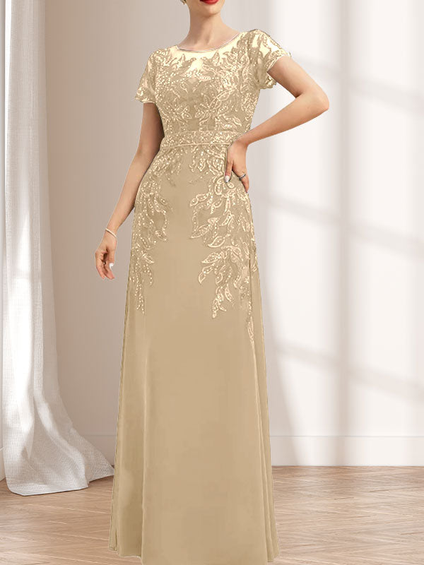 Vestido de gasa con encaje y lentejuelas para madre de la novia, largo hasta el suelo, con escote redondo e ilusión