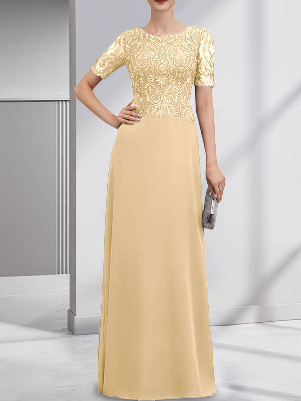 A-Linien-Kleid aus Chiffon mit Pailletten und Rundhalsausschnitt, bodenlang, für die Mutter der Braut