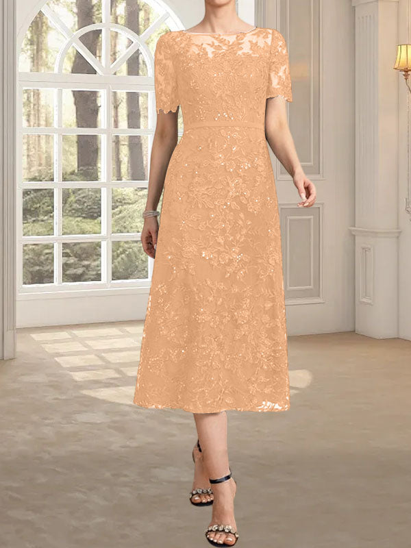 A-Linien-Kleid mit Rundhalsausschnitt, Illusion-Ausschnitt, Teelänge, Spitze und Pailletten für die Mutter der Braut