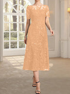 A-Linien-Kleid mit Rundhalsausschnitt, Illusion-Ausschnitt, Teelänge, Spitze und Pailletten für die Mutter der Braut