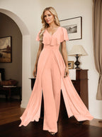 Jumpsuit/Hosenanzug, bodenlanges Chiffon-Abendkleid mit V-Ausschnitt