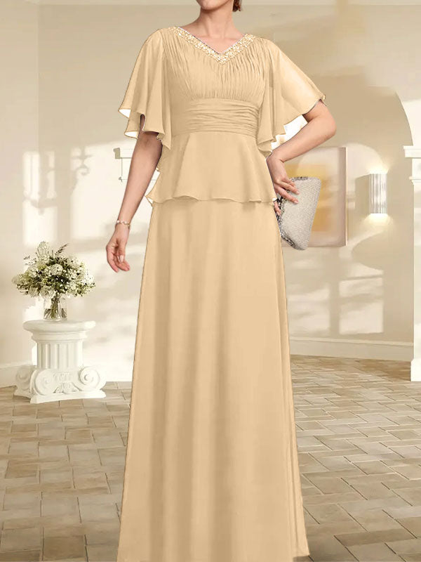 Vestido de gasa para madre de la novia, corte A, escote en V, largo hasta el suelo, con cuentas plisadas