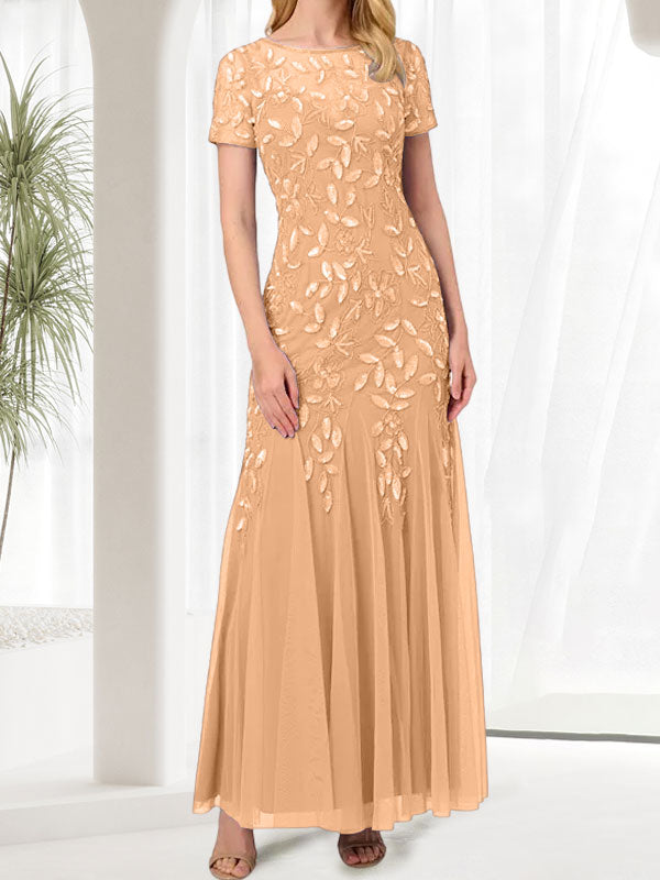 Vestido largo de sirena azul con cuello redondo para madre de la novia con abalorios