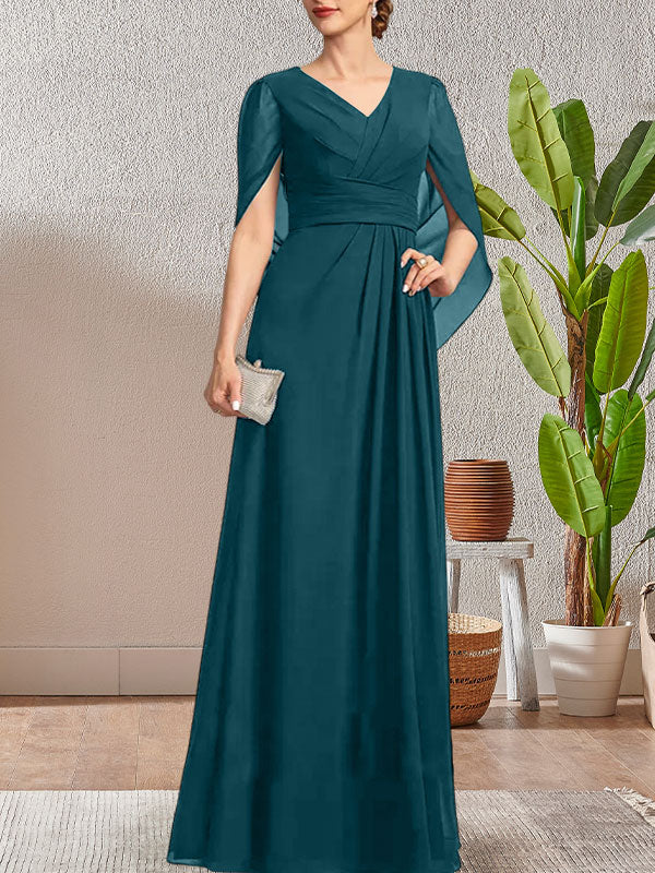 Vestido largo para madre de la novia con escote en V y corte A en azul marino oscuro