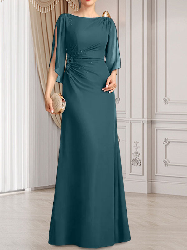 Etui-/Säulen-Chiffonkleid in Bodenlänge für die Mutter der Braut mit plissierter Perlenstickerei