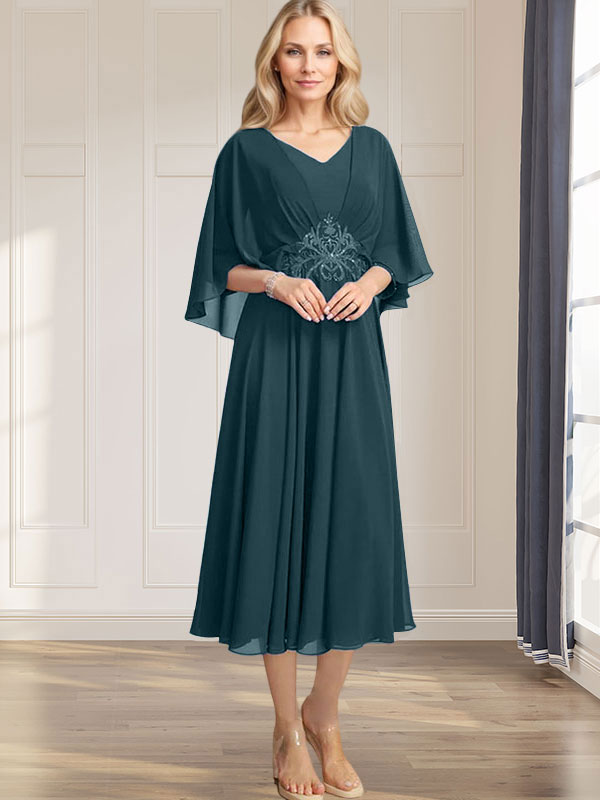 A-Linien-Kleid aus Chiffon mit V-Ausschnitt, Teelänge, plissierten Paillettenapplikationen und Perlenstickerei für die Mutter der Braut 