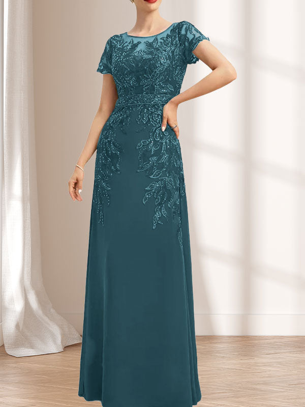 Etuikleid/Säulenkleid mit Illusion-Ausschnitt, bodenlang, aus Chiffon und Spitze mit Pailletten für die Mutter der Braut