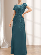 Etuikleid/Säulenkleid mit Illusion-Ausschnitt, bodenlang, aus Chiffon und Spitze mit Pailletten für die Mutter der Braut