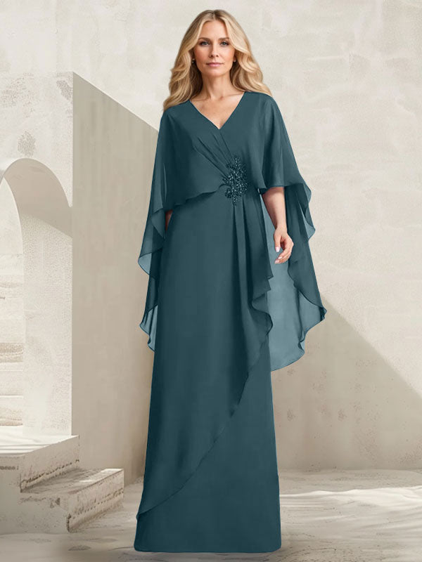 A-Linien-Kleid aus Chiffon mit V-Ausschnitt, bodenlang, mit Kaskadenrüschen und Perlenstickerei für die Mutter der Braut. 