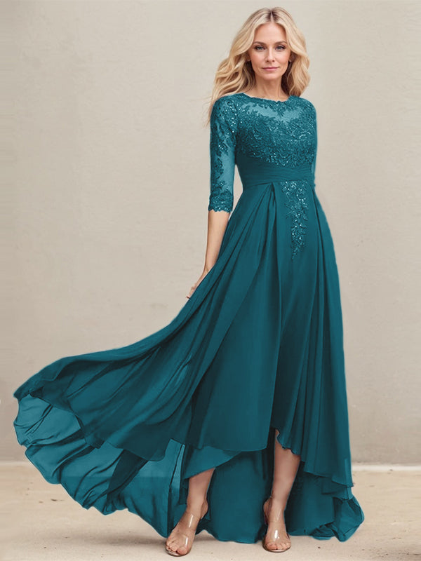 A-Linien-Kleid mit asymmetrischem Ausschnitt, Illusion-Effekt, Spitze und Chiffon, verziert mit plissierten Pailletten, ideal für die Mutter der Braut 