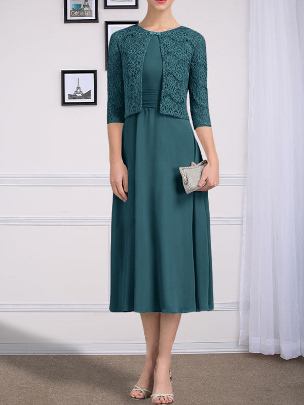 Vestido de gasa para madre de la novia, corte A, escote redondo, largo hasta la rodilla, con pliegues