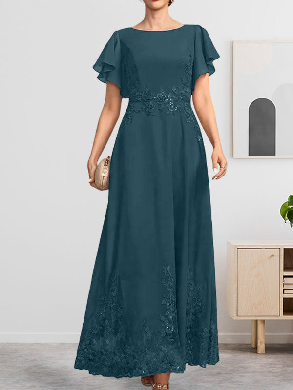 A-Linien-Kleid mit Rundhalsausschnitt, knöchellang, aus Spitze und Chiffon, mit Pailletten besetzt