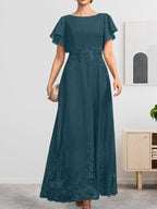 A-Linien-Kleid mit Rundhalsausschnitt, knöchellang, aus Spitze und Chiffon, mit Pailletten besetzt
