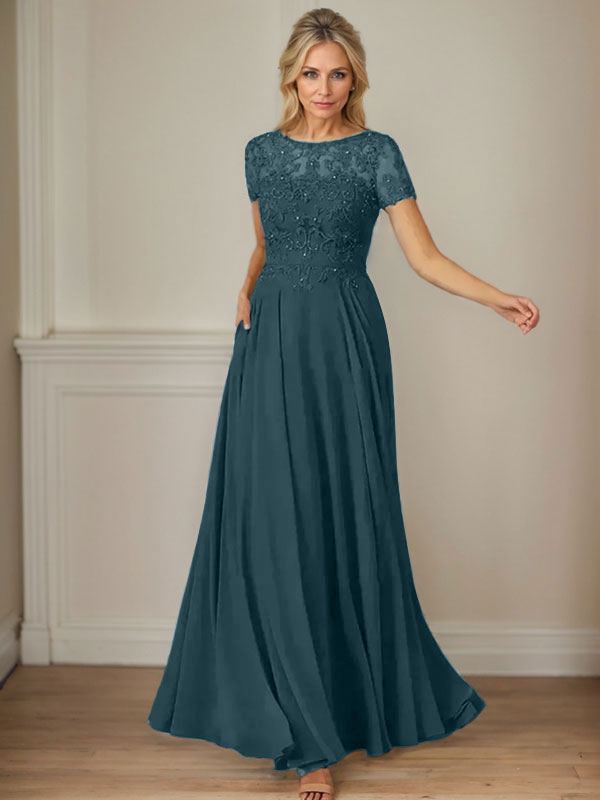 Dunkelblaues A-Linien-Pailletten-Chiffonkleid mit U-Boot-Ausschnitt 