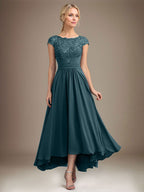 A-Linien-Kleid aus Chiffon mit asymmetrischem, plissiertem Spitzeneinsatz und Illusion-Ausschnitt für die Mutter der Braut 