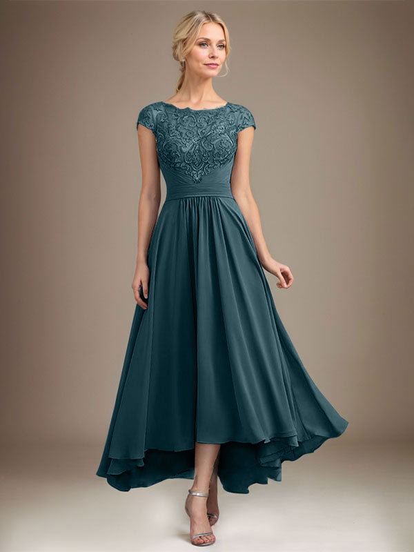 A-Linien-Kleid aus Chiffon mit asymmetrischem, plissiertem Spitzeneinsatz und Illusion-Ausschnitt für die Mutter der Braut 