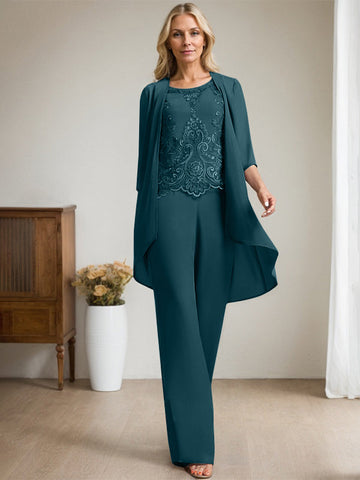 Zweiteiliges Jumpsuit-/Hosenanzug-Set, bodenlanges Chiffon-Spitzenkleid mit Perlen- und Paillettenstickerei für die Mutter der Braut 