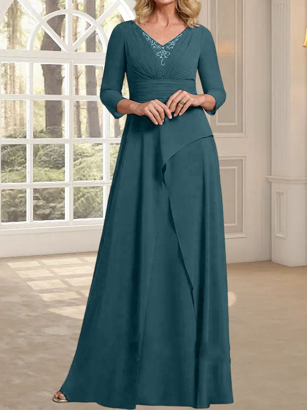 A-Linien-Kleid aus Chiffon mit V-Ausschnitt, bodenlang, für die Mutter der Braut, mit plissierter Perlenstickerei